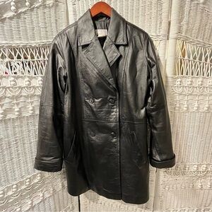VENEZIA Vitale Black Leather Coat Jacket Womens‎ 14W Double Breasted Butter Soft